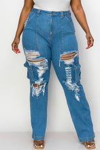 Load image into Gallery viewer, Plus Size Cargo Distressed Blue Jean Straight Leg Pants