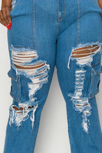 Load image into Gallery viewer, Plus Size Cargo Distressed Blue Jean Straight Leg Pants