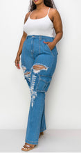 Load image into Gallery viewer, Plus Size Cargo Distressed Blue Jean Straight Leg Pants