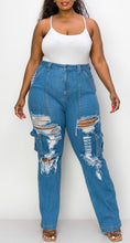 Load image into Gallery viewer, Plus Size Cargo Distressed Blue Jean Straight Leg Pants