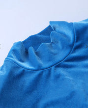 Load image into Gallery viewer, Blue Suede Pleated Shoulder Pads High Neck Long Sleeve Dress